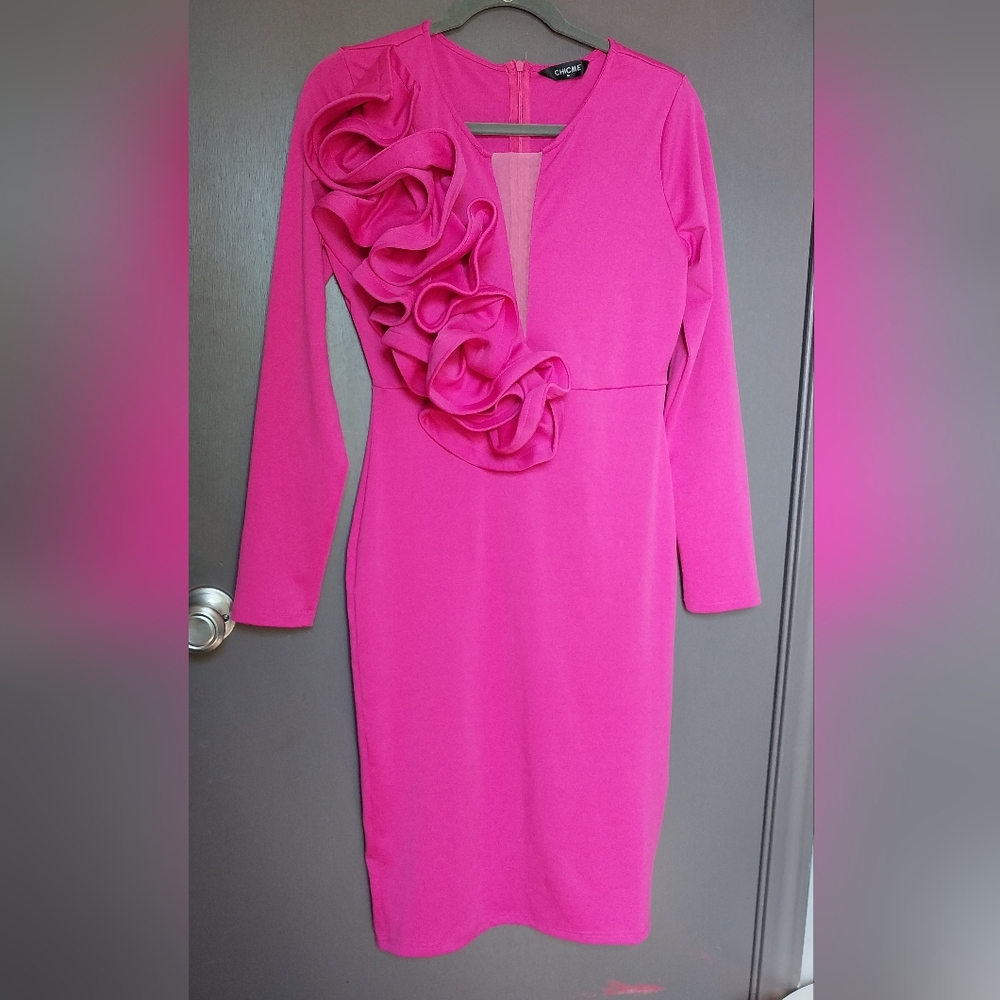 Pink Ruffled V-Neck Long Sleeve Cocktail Dress - Picture 2 of 6